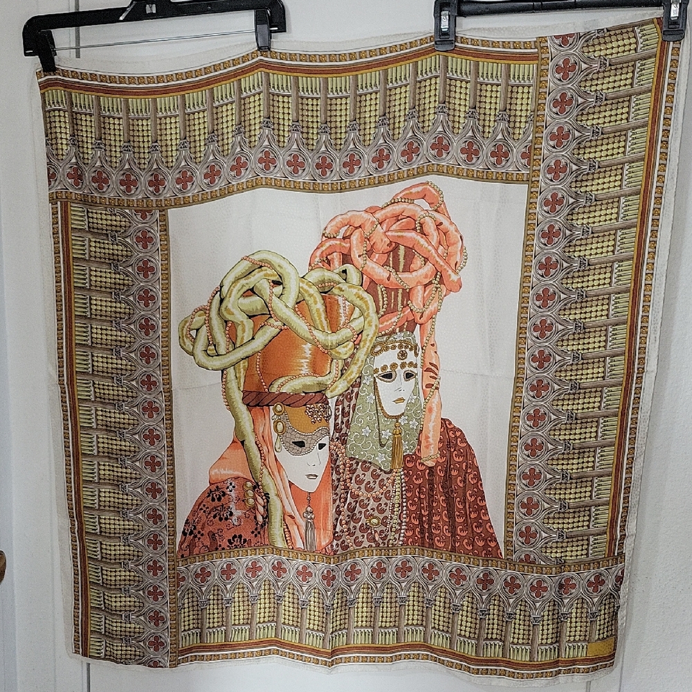 VINTAGE ITALIAN VENICE CARNIVAL VENETIAN MASKS 100% SILK SCARF WEARABLE ART RARE